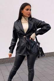 Black Faux Leather Belted Blazer Jacket Lissa Faux Leather Outfits Faux Leather Jacket Outfit Belted Jacket Outfit
