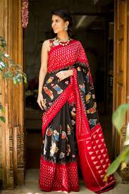 Black And Red Combination Designer Saree Cotton Ikkat Kalamkari Saree At 1102 Pid 100963 The Classic Black Red Combination Gets A Quirky Uplift With Kalam Saree Designs Cotton Saree Fancy Sarees