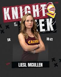 Introducing our Knights of the Week from GVSU Big Meet! Liesl McMullen ran  just under a minute PR in the 5k and currently ranks 8th in the MIAA in the  event. Mason