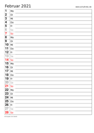 Praktische, vielseitige wochenkalender für 2021 mit farblich markierten bundesweiten feiertagen und kalenderwochen. Monatskalender Februar 2021 Monats Terminkalender Kostenlos Ausdrucken Pdf