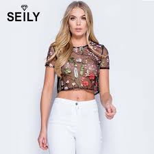 Seily Sexy Sheer See Through Mesh Crop Top Black Flower Embroidery T Shirt Women Short Sleeve Semi Transparent Club Tops Tees T Shirts Aliexpress Unfollow lace flower top to stop getting updates on your ebay feed.