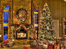 Modern bright interiors apartment living room with christmas tree, 3d rendering illustration decorated room with rocking chair, christmas tree and presents for winter holidays celebration elevated view of christmas gift boxes, fir wreath, ribbon spool and scissors on wooden table Christmas Fireplace Wallpapers Wallpaper Cave