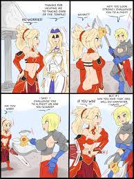 3girls axe battle axe big breasts breasts cleavage comic dc dc  comics dialogue fate (series) goblin slayer kara zor-el mordred (fate)  partially clothed power girl revealing clothes skimpy armor