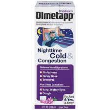 Childrens Dimetapp Nighttime Cold Congestion 4 Fl Oz Grape Flavor Nasal Decongestant Antihistamine Cough Suppressant Ages 6