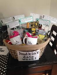 Gift baskets are an elegant present for so many different occasions. I Made A Date Week Basket Including Items From Registry Couples Hobbies Movie Monday Date Night Movie Candle Wedding Night Gift Hobbies For Couples Basket