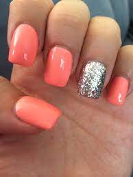 Coral And Silver Sparkle Square Tip Acrylic Nails Coral Acrylic Nails Squoval Acrylic Nails Coral Nails