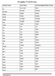 esl grammar worksheets list of irregular verb forms