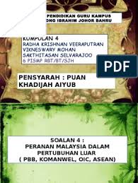 Kesimpulan peranan dan sumbangan malaysia dalam asean dapat dilihat sebagai asas yang kuat dalam menjalin kerjasama serantau.jika dilihat dari awal penubuhannya hingga kini, banyak rancangan yang berjaya dilaksanakan demi kebaikan bersama. Peranan Malaysia Dalam Pertubuhan Luar