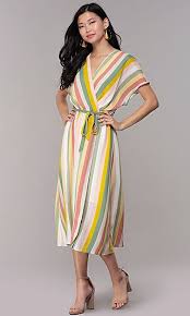 Multi Color Striped Wedding Guest Midi Length Dress Dresses Casual Fall Cocktail Dresses With Sleeves Striped Dress