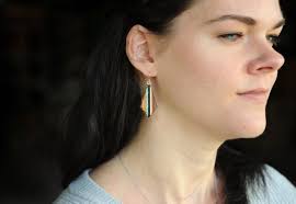 Turquoise and Wood Teardrop Earrings With Solid Sterling Hook