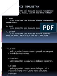 Kaendahane geguritan salah sijine gumantung purwakanthi kang kalebu jenise purwakanthi yaiku guru. Jenis Jenis Geguritan Pdf