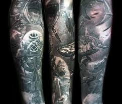 Black And White Shark Tattoo Sleeve 30 Shark Tattoo Sleeve Designs For Men Marine Life Ink Ideas Ocean Sleeve Tattoos Tattoo Sleeve Designs Ocean Sleeve