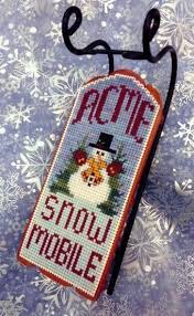 2 x 3 pillow is stitched on 14 ct. Foxwood Crossings Acme Snow Mobile Sled Ornament Cross Stitch Pattern 123stitch