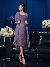 Spitze kleid für die brautmutter mit perlstickerei. Abendkleid Brautmutterkleider Knielang Grau Lila Spitze Mit Trager Chiffon Jacke