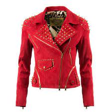 Ladies Luxury Red Leather Gold Spike Biker Jacket Red Jacket Leather Leather Jacket High Quality Leather Jacket