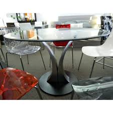 New Floor Model Addition 45 Inch Beveled Round Glass Table Top With A Sleek Stainless Steel Base A Round Glass Table Top Modern Furniture Stores Dining Table