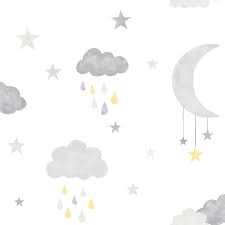 Free delivery on orders over £50/€60 Vinyl Wallpaper Kids Heaven Moon Stars White Grey Lo2001