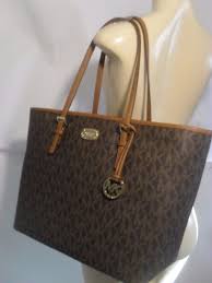 Black And Brown Mk Purse Nwt Michael Kors Jet Set Brown Mk Signature Carryall Pvc Large Tote Shopper Bag 129 95 Handbags Michael Kors Michael Kors Convertible Shoulder Bags