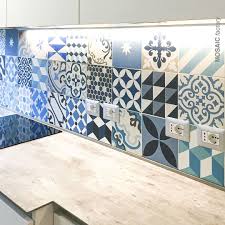 Kitchen Backsplash With Blue Patchwork Tiles From Mosaic Factory Kitchen Wall With Cement Tiles In A Random M Cement Tiles Kitchen Patchwork Tiles Cement Tile