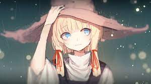 moriya suwako touhou witch hat blue eyes raining blonde anime anime moriya anime witch