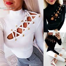 Baju kaos berkerah sangat cocok dikenakan di suasana santai. Women Long Sleeve T Shirts Corn Eye Bandage Design Hollow Out High Collar Solid Color Top Elegant Lady Slim Streetwear Shirts T Shirts Aliexpress