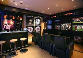 Modern Sports Themed Home Bar Mixed With Cinema Room Be Perfect Entertainment Center Inspirational Home B Man Cave Home Bar Man Cave Design Man Cave Furniture
