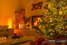 Mock up posters in living room christmas interior. Ambient Fireplace And Candles In Living Room With Christmas Tree Log Holiday Stock Photo 199361772
