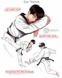 What do you think about this,armys. Btsfanart A Small Comic I Did To Ease My Mind About Jungkook Ft The Bts World Taekwondo Outfit And The Latest Run Uniform Ou Lukisan Seni Lukisan Selebritas