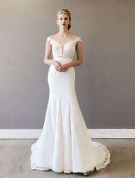 Evelyn Off The Shoulder Wedding Dress In A Full Length Trumpet Silhouette And Chapel Length Fit And Flare Wedding Dress Wedding Dresses Designer Wedding Gowns