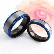 Beautiful Three Tone Black Tungsten Ring With Silver Satin Band And Cool Cobalt Blue Stepped Edges Couple Ring Black Tungsten Rings Blue Tungsten Ring Cool Wedding Rings