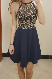 Short Prom Dresses Navy Blue Homecoming Dress A Line Prom Dresses Beaded Homecoming Dresses Halter Homecoming Dresses Party Gowns Prom Dresses For Teens Blue Homecoming Dresses Cheap Homecoming Dresses