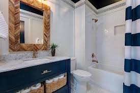 Love, love the navy vanity with brass hardware. Blue Bathroom Vanity With Gold Hardware Transitional Bathroom Blue Bathroom Vanity Blue Bathroom Navy Blue Bathrooms