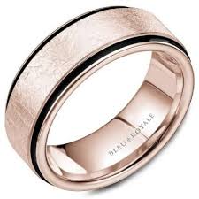 Black And Rose Gold Mens Wedding Band Bleu Royale 14k Rose Gold 8 5mm Mens Wedding Ring With Distressed Diamond Brush Finish And Black Carbon Accents Men S Wedding Ring Mens Wedding Rings Black Gold Wedding