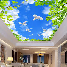 Find More Wallpapers Information About Blue Sky White Clouds Green Leaves Pigeons Ceiling Frescoes Custom Photo Wall Pa Ceiling Murals Living Room Murals Mural