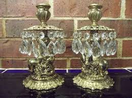 24 3 4 vtg brass bronze beads french empire cherub head chandelier light. Pair Of Ornate Brass Crystal Cherub Candle Holders Set Of Etsy Candle Holder Set Candle Holders Crystal Candle Holder
