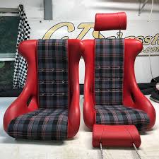 Our Vallelunga Seat Model In Red Leather W Plaid Centers And White Gel Coat For The Seat Shel Car Interior Upholstery Automotive Upholstery Luxury Car Interior
