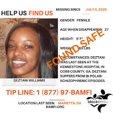 UPDATE: Deztani has been FOUND safe! #Marietta, GA: 27y/o Deztani was last  seen at the Kennestone Hospital in #Cobb County, GA. She suffers from  bi-polar/schizophrenic episodes. #HelpUsFindDeztani #DeztaniWilliams