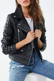 Faux Leather Studded Moto Jacket Forever 21 Leather Jacket Girl Jackets Outerwear Fashion