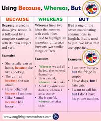Using Because Whereas But In English Conjunctions And Example Sentences Table Of Contents Using B English Grammar English Writing Skills Learn English Words