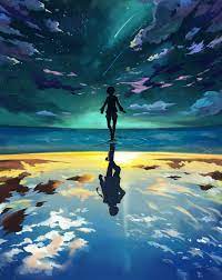Anime Boy Floating Reflection Water Clouds Sky Scenic Stars Anime 2k Wallpaper Hdwallpape Anime Scenery Floating In Water Sword Art Online Wallpaper