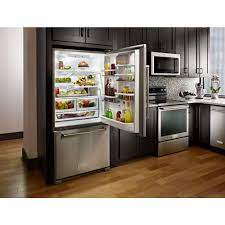 The rated cubic feet is usually mentioned in the model number on the product label inside the fridge. Kitchenaid 22 Cu Ft Bottom Freezer Refrigerator In Stainless Steel Krbl102ess The Home Depot Bottom Freezer Refrigerator Bottom Freezer Refrigerator Freezer