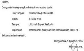 Surat undangan adalah surat yang dibuat dengan tujuan mengajak seseorang atau pihak lain untuk menghadiri sebuah acara tertentu. Contoh Surat Undangan Setengah Resmi Kerja Bakti Cute766