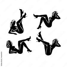 Set of four black and white female sexy silhouettes with legs upward. Naked  female silhouettes sit in sexual poses Stock Vector 