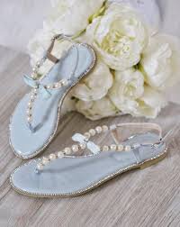 Girls Pearl Flat Sandals Light Blue Pearls Rhinestones T Strap Emb Kailee P Inc