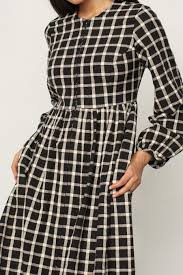 Mara Hoffman Paula Full Sleeve Midi Dress Black White Plaid Poplin Style Full Sleeve Midi Dress Maxi Dress Cotton Black Midi Dress
