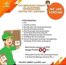 Halo sobat pencaker yang masih dalam proses pencarian kerja, update info lowongan kerja terbaru yang kami bagikan ini datang dari pt pos indonesia nah saat ini salah satu pt pos indonesia di bandung kembali membutuhkan tambahan karyawan untuk mengisi posisi pekerjaan dibagian berikut. Lowongan Kerja Kurir Kantor Pos Lamongan Gibran Waluyo 20 Apr 2020 Loker Atmago Warga Bantu Warga