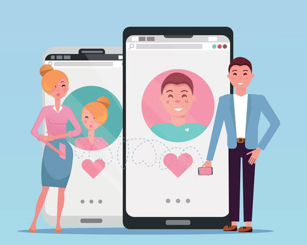 Man and woman acquaintance in social network. Used for web profiles on  smartphones. Online dating app users. Human growth phones with dating site  next to their owners. Flat cartoon vector illustration 12494776