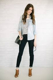 Black And White Striped Shirt With Jeans Women S Light Blue Denim Shirt White And Black Horizontal Striped Crew Neck T Shirt Navy Skinny Jeans Tan Cutout Leather Ankle Boots Fashion Style Casual Outfits