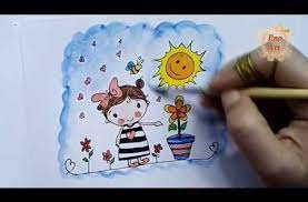 رسم بنت وورد وشمس سهل جدا للأطفال خطوة بخطوة عيد الربيع youtube girl drawing drawings cards