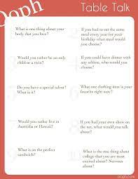 Here are 10 more questions to ask at the dinner table tonight, because just when you think you know everything about your partner, isn't it lovely to be don't ask them all at once — that would be weird! Family Dinner Questions Table Talk Week 47 This Or That Questions Table Talk Kids Talking